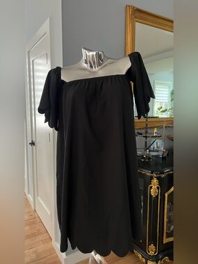 She + Sky Black Square-Neck Mini Dress with Scalloped Hem